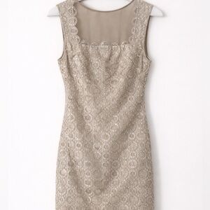 Bebe Champagne Sequin Lace Cocktail Dress XS | Illusion Neckline Party Dress